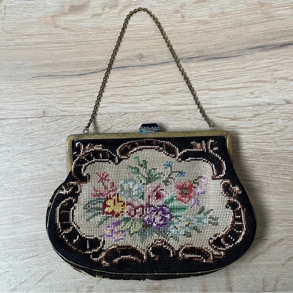 Vintage Floral Petit Point Needlepoint Bag - Purse - Handbag Jeweled Frame *J13